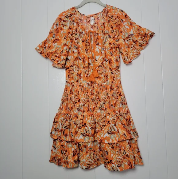 NWT Aerie Smocked Waist Mini Dress Orange Floral Tiered Ruffle Hem 100% Cotton M - Picture 6 of 16